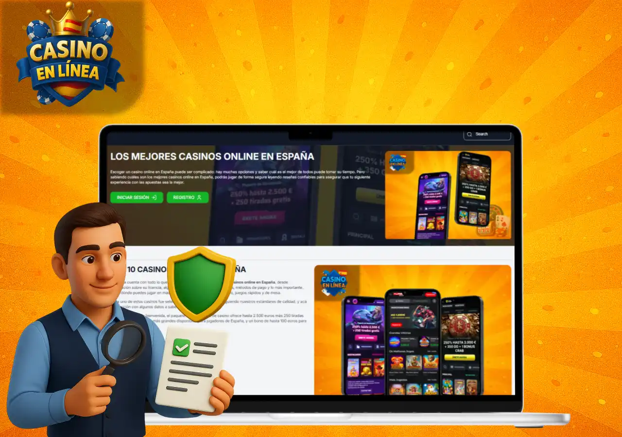 Página informativa abierta en un portátil con un personaje revisando datos y un escudo que simboliza seguridad