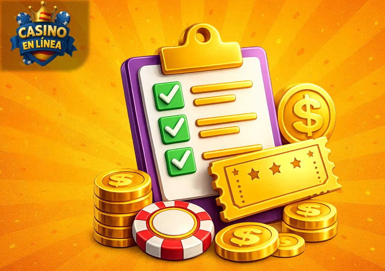 Condiciones de bonos de casino con lista de requisitos, ficha y monedas doradas